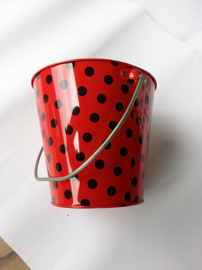 Black Dot Red Printed Metal Tin Bucket Double Sided Printed 6.25 x 6.25 x 5.5"