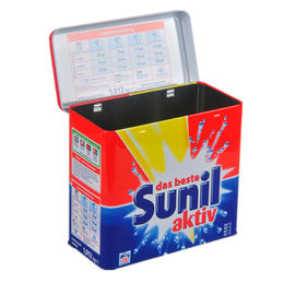 China Sunil Washing Powder Metal Tin Container Box / Lid With Hinger , Silver Inside supplier