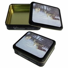 China CYMK Printed Square Tin Containers , Gift Packaging Box With Rolled Out Lid supplier