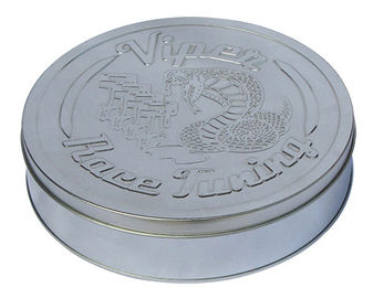 China Round Race Tuning Metal Tin Box Silver Plain With Embossed Lid supplier
