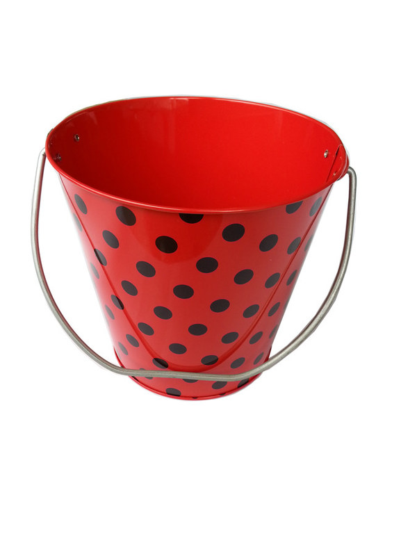 Black Dot Red Printed Metal Tin Bucket Double Sided Printed 6.25 x 6.25 x 5.5"